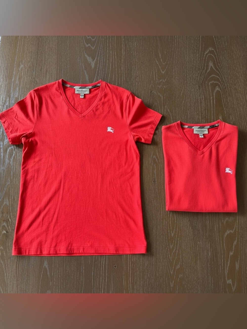 Burberry Men’s  Red V-Neck Tee with Embroidered Logo